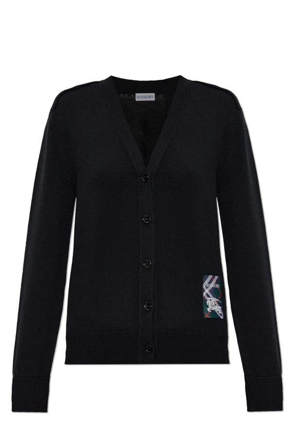 CZARNY Wełniany kardigan z naszywką z logo