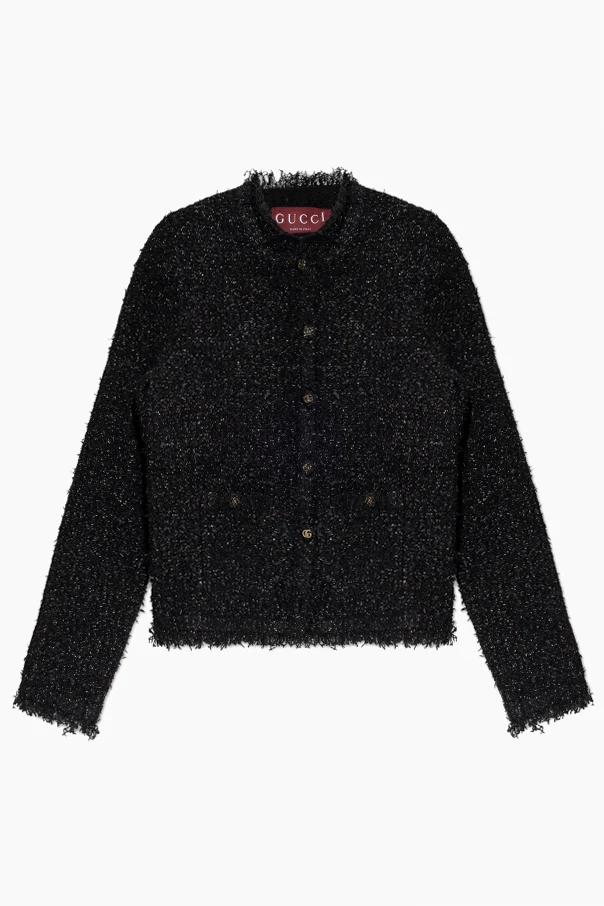 CZARNY Tweedowy kardigan z lureksową nicią