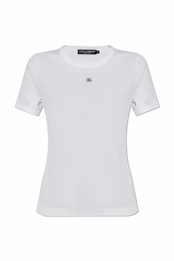 WEISS Geripptes T-Shirt mit Logo-Applikation