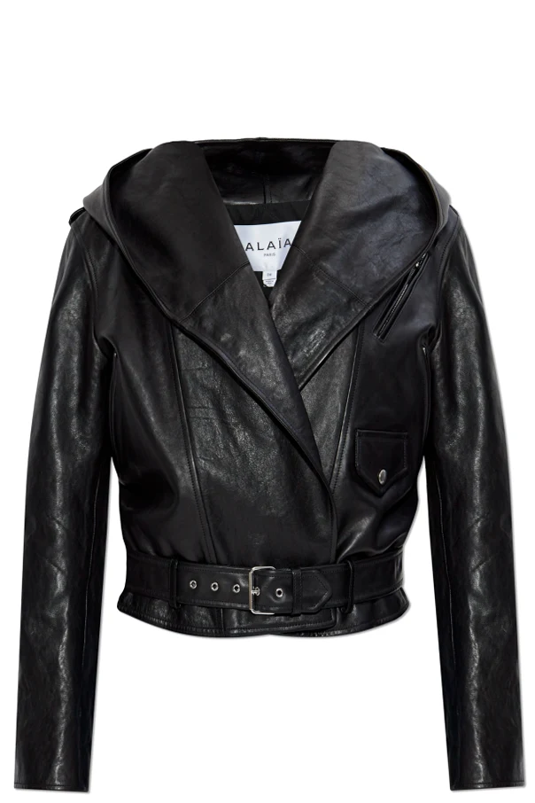 CZARNY Skórzana kurtka z kapturem