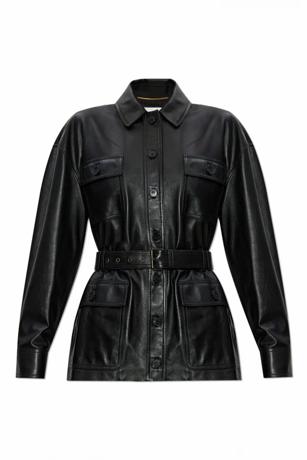 CZARNY Skórzana kurtka z paskiem