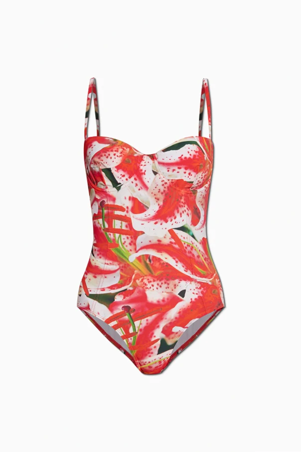 CZERWONY Jednoczęściowy kostium kąpielowy z motywem kwiatowym