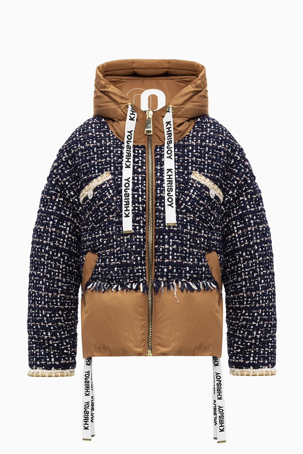 Puffer jacket with woven sleeves