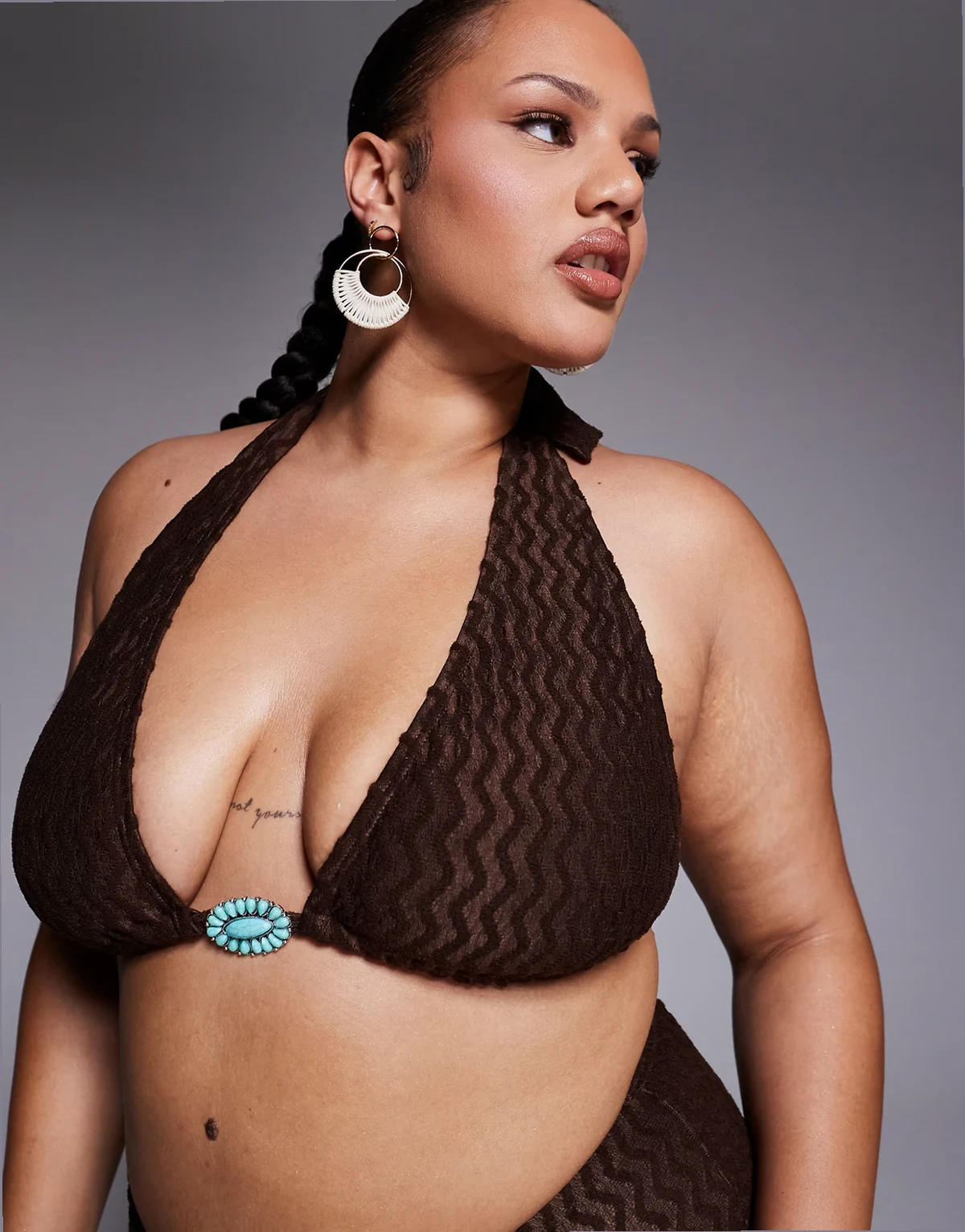 textured halterneck bikini top in brown