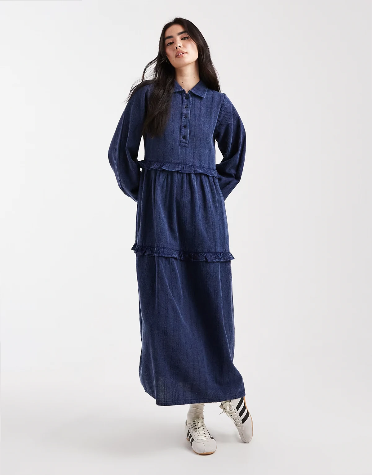 textured stripes washed ruffle midaxi dress in navy