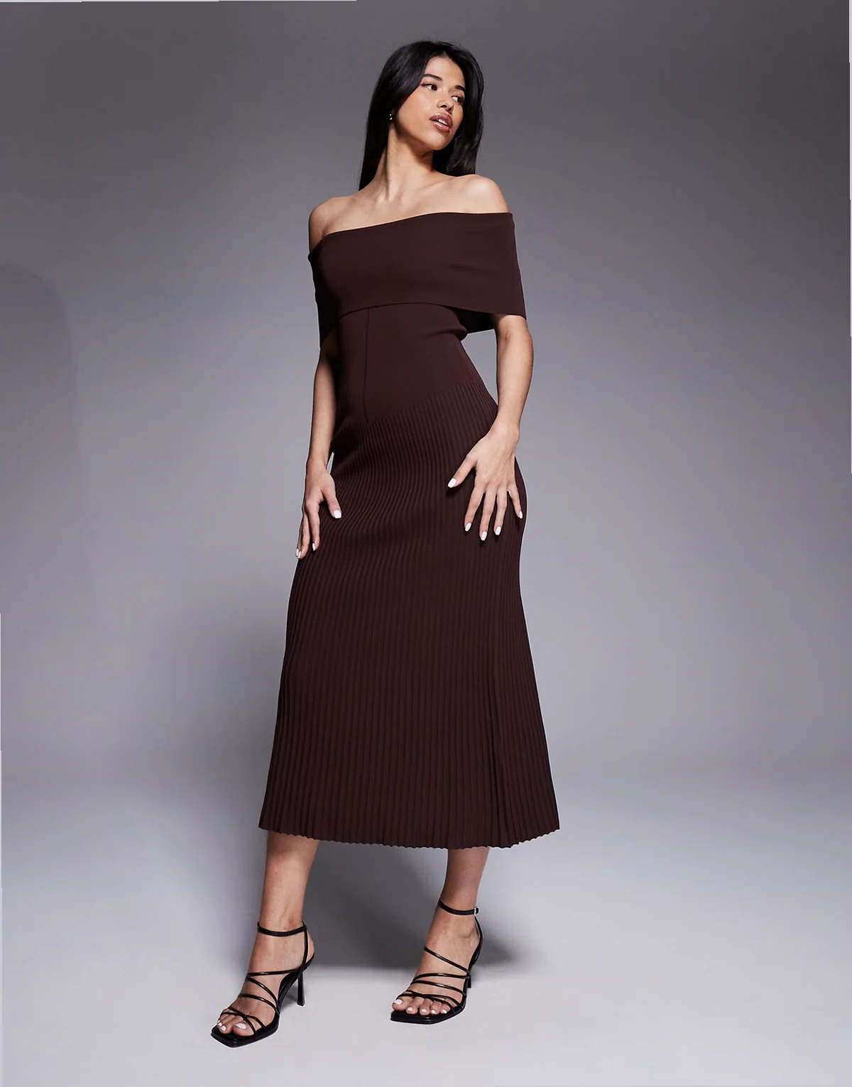 Harro rib knit off the shoulder midi dress in chocolate brown