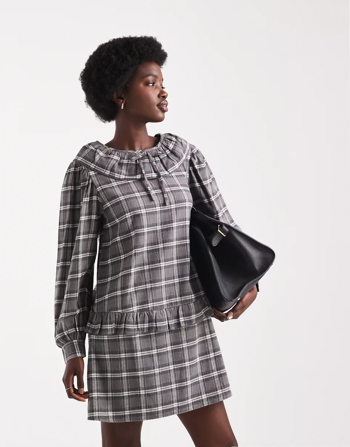 tartan ruffle collared dress in black plaid