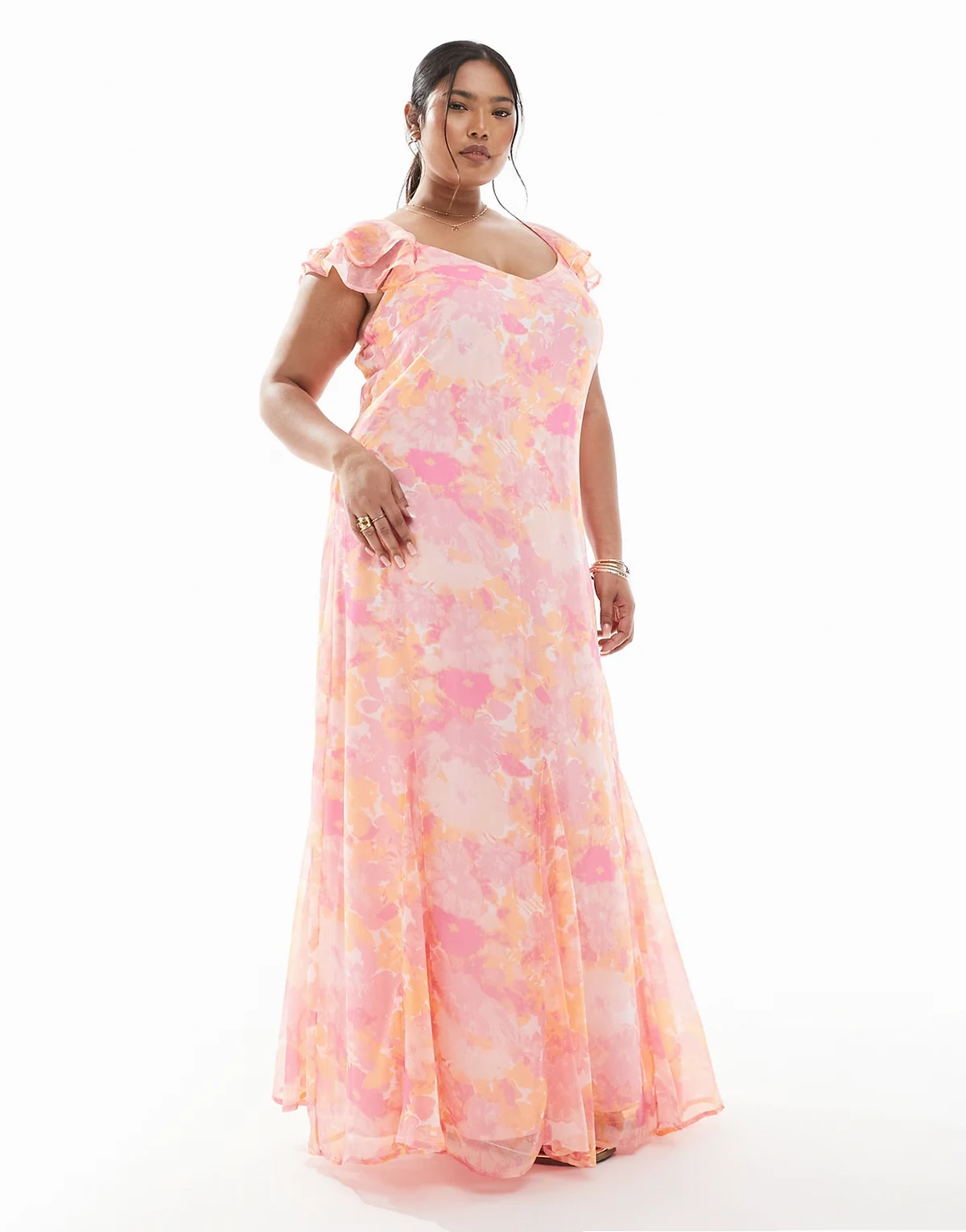 – Smilla – Różowa sukienka do kostek ze zwiewnymi rękawami w rozmazany kwiatowy wzór