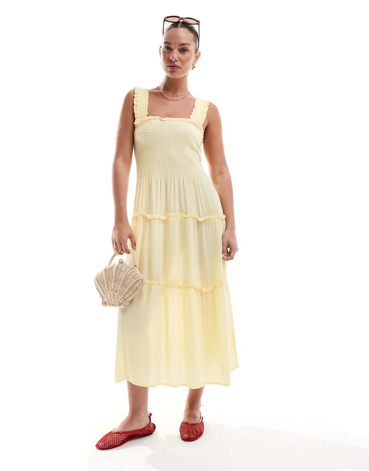 – Gesmoktes Midi-Trägerkleid in Bananengelb