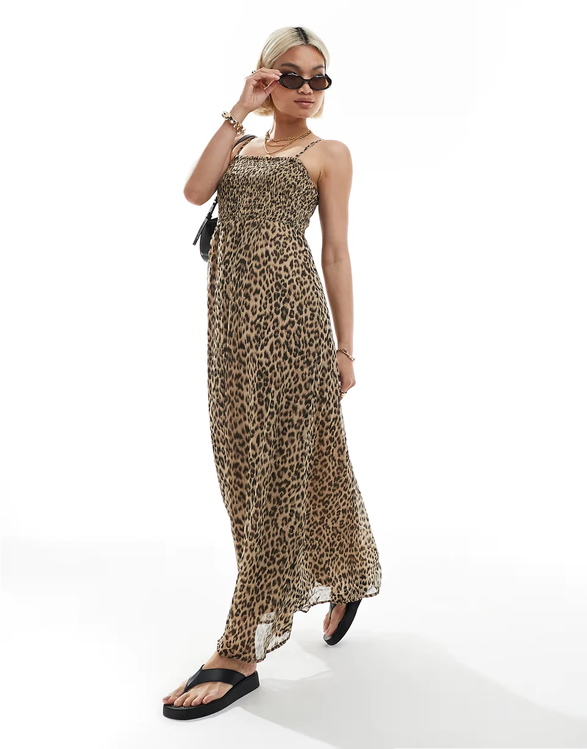 – Gesmoktes Maxi-Camisolekleid mit Leopardenmuster