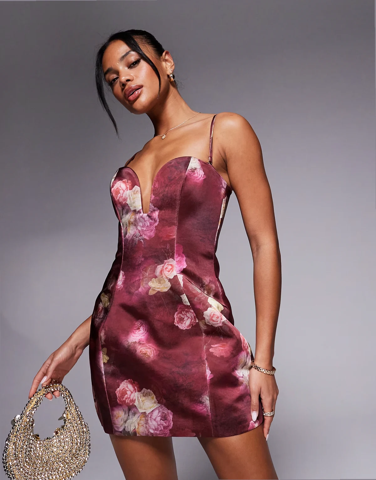 Liliosa strapless sweetheart mini dress in maroon floral print