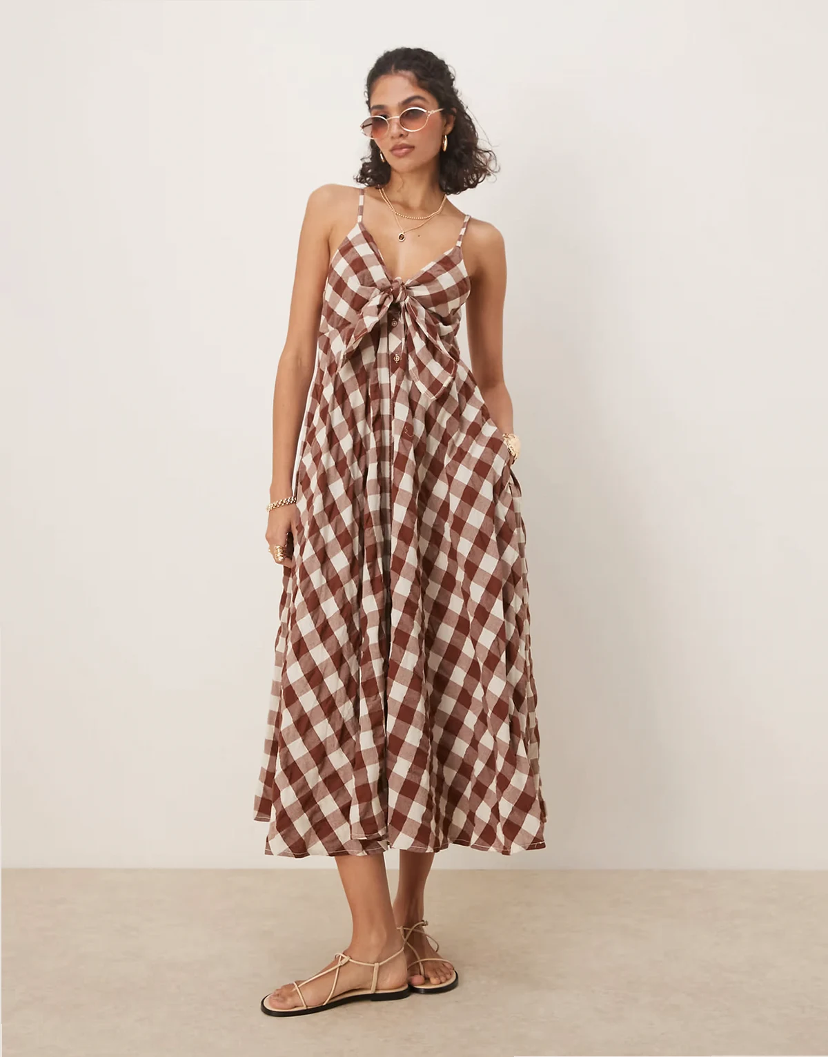 via gingham cami midi dress in brown