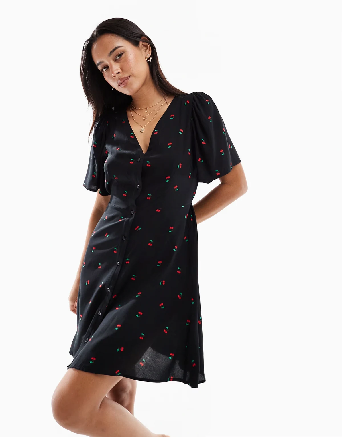 – Skater-Minikleid in Schwarz mit Knopfleiste und Kirschmuster