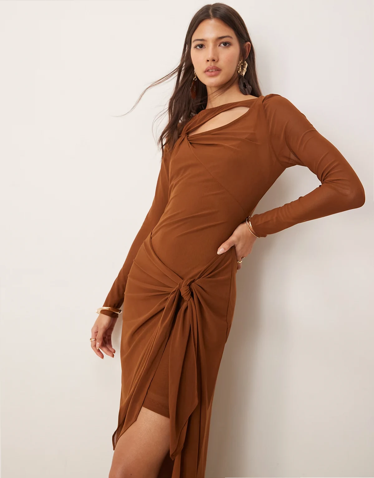 long sleeve draped maxi dress in brown