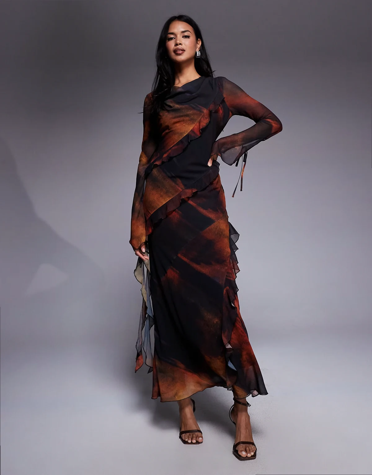 chiffon maxi dress with frill details in orange abstract print