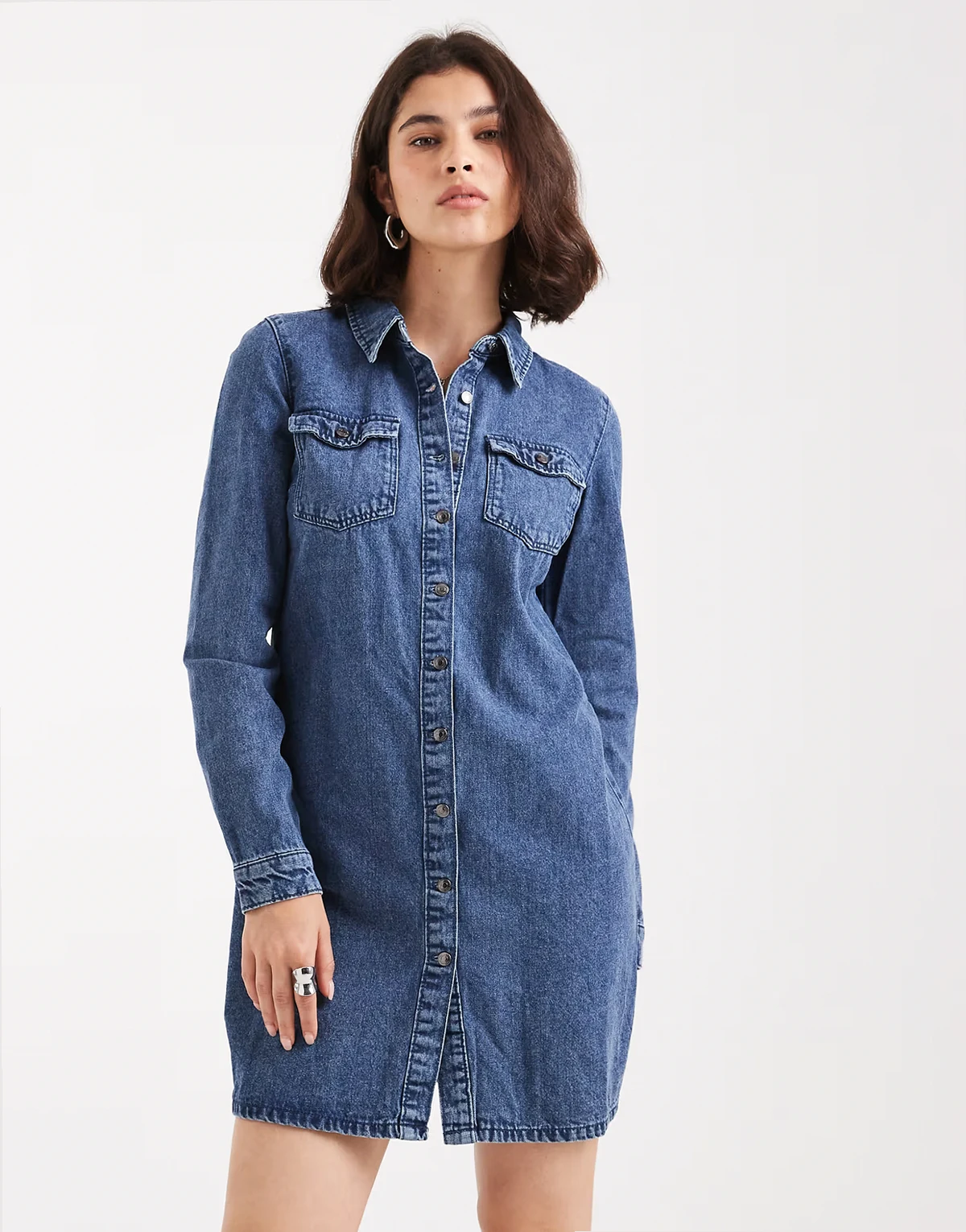 – Langärmliges Hemdkleid aus Denim in Mittelblau