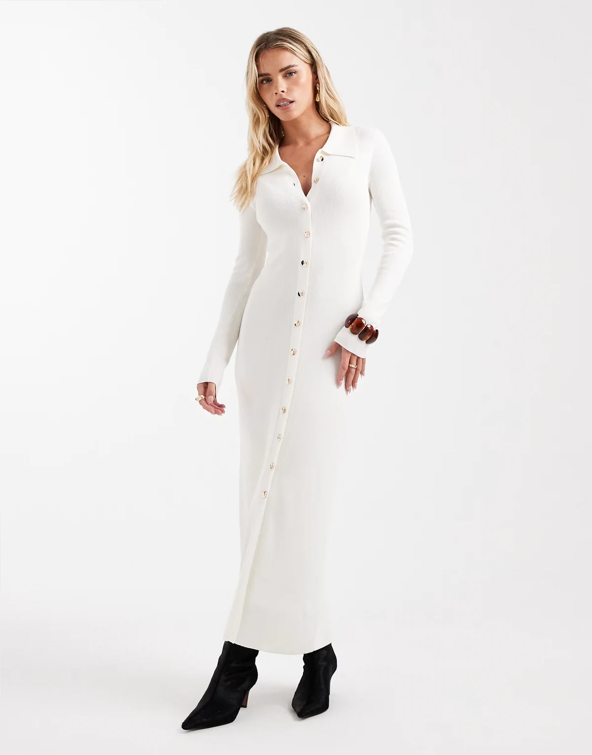 fine ribbed knit button up collar detail maxi dress in cream