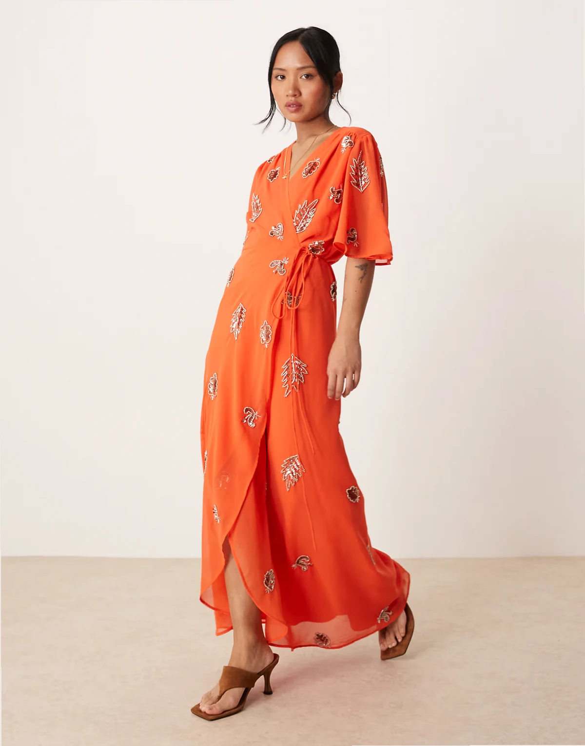embellished maxi wrap dress in orange