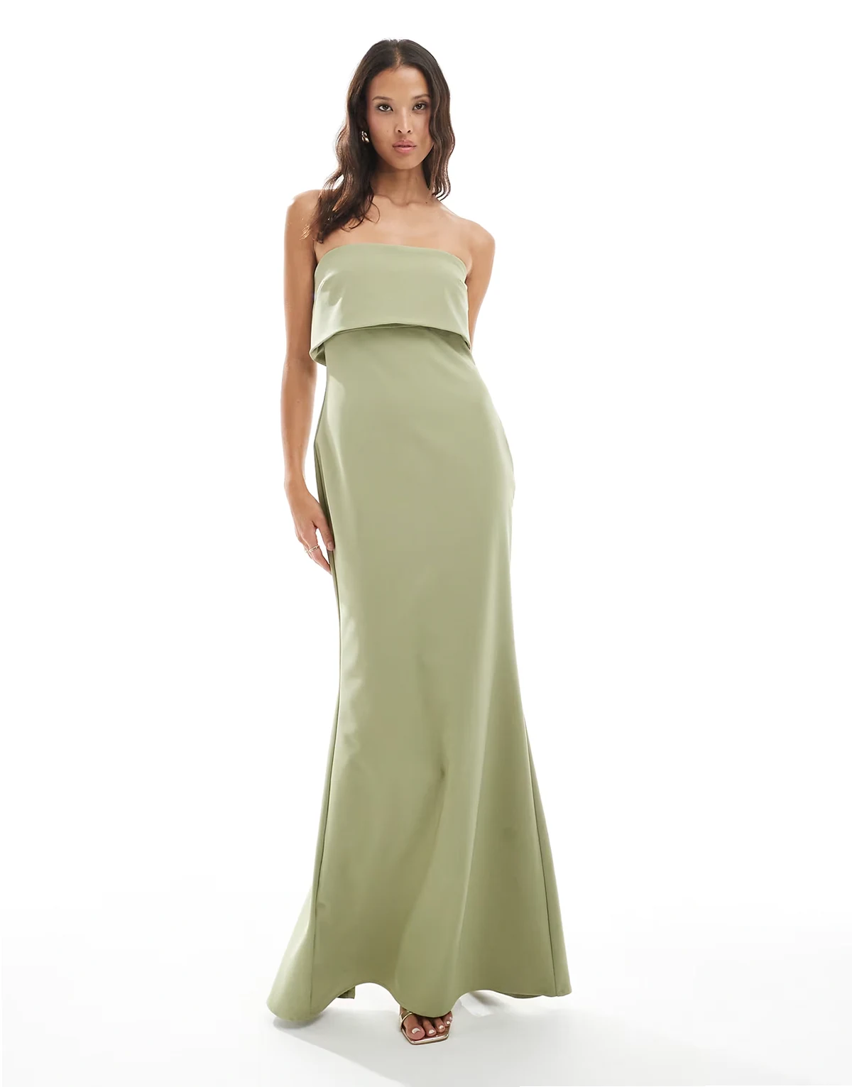 Bridesmaid – Oliwkowa sukienka maxi z krepy z dekoltem bandeau