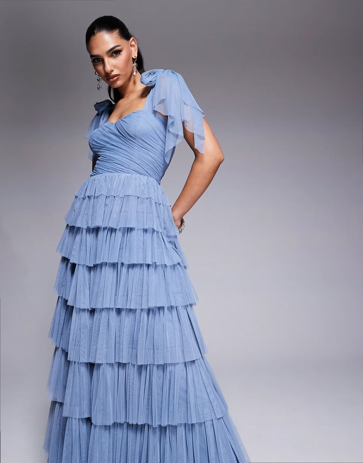 bow shoulder tiered tulle maxi dress in dusty blue