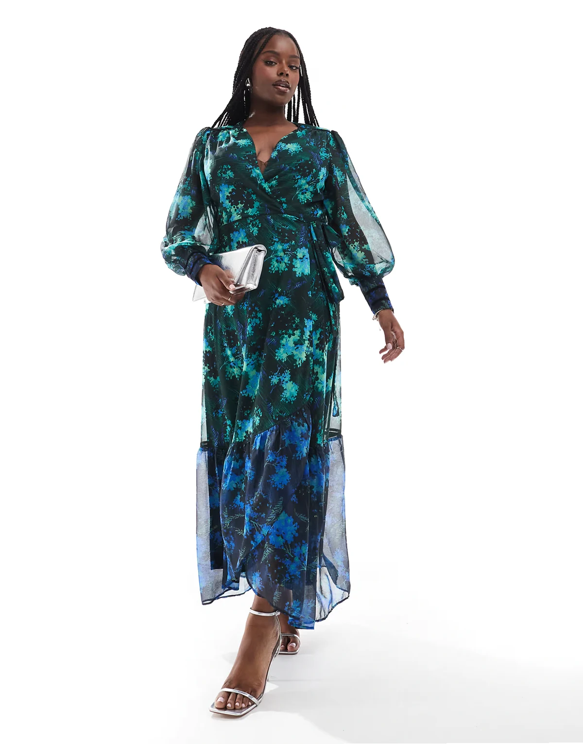 wrap front maxi dress in two tone green and blue print