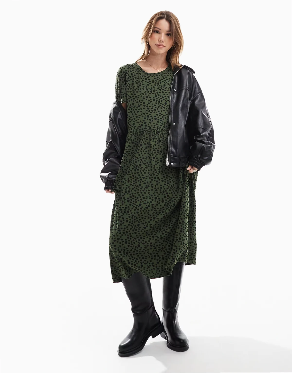 smudge spot midi dress in khaki green