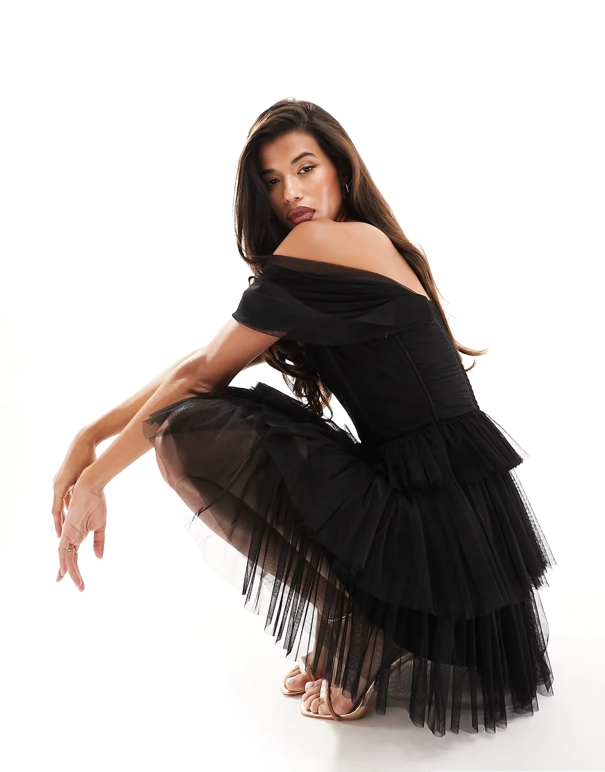 off-shoulder corset tulle mini dress in black