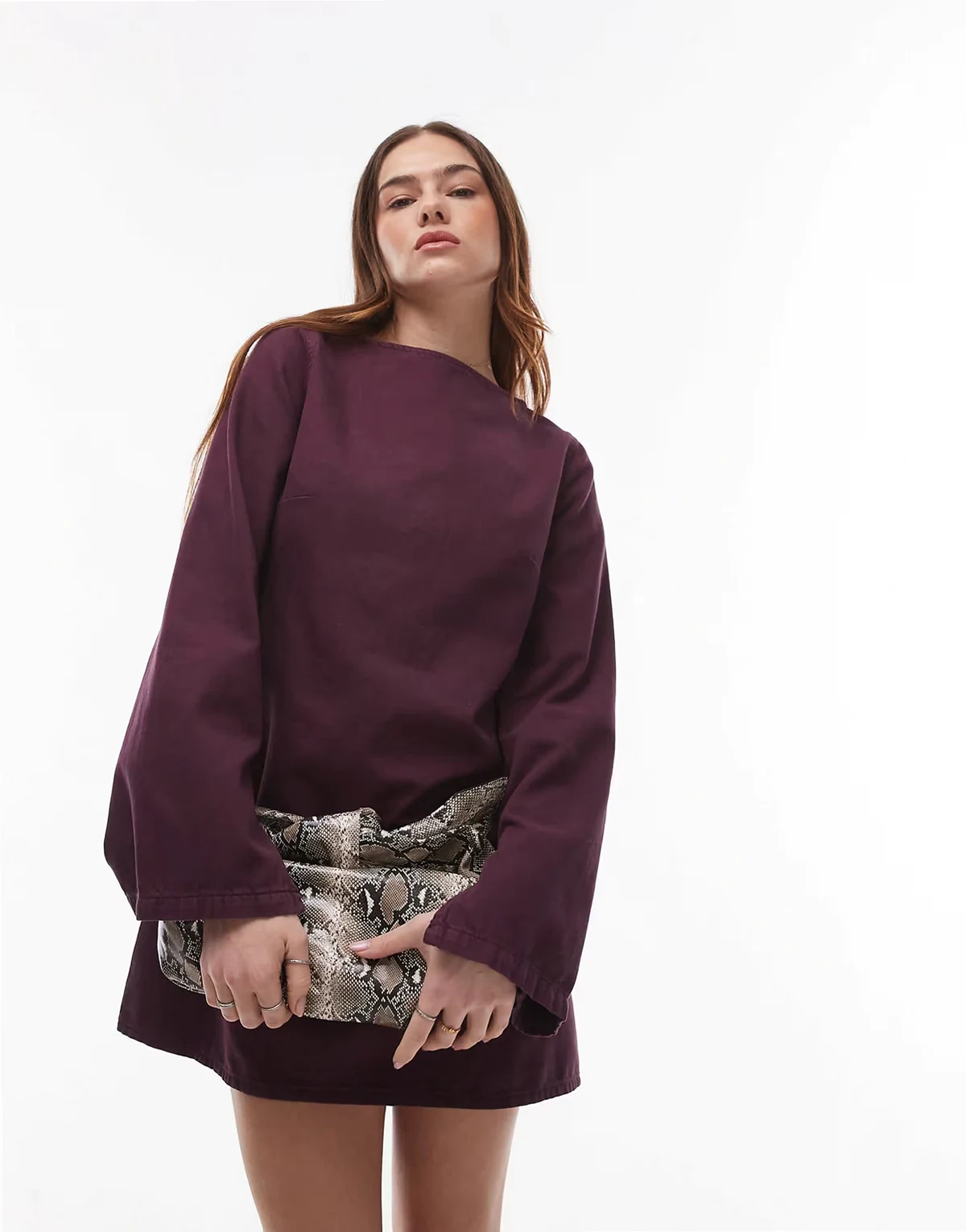 denim slash neck long sleeve dress in brown