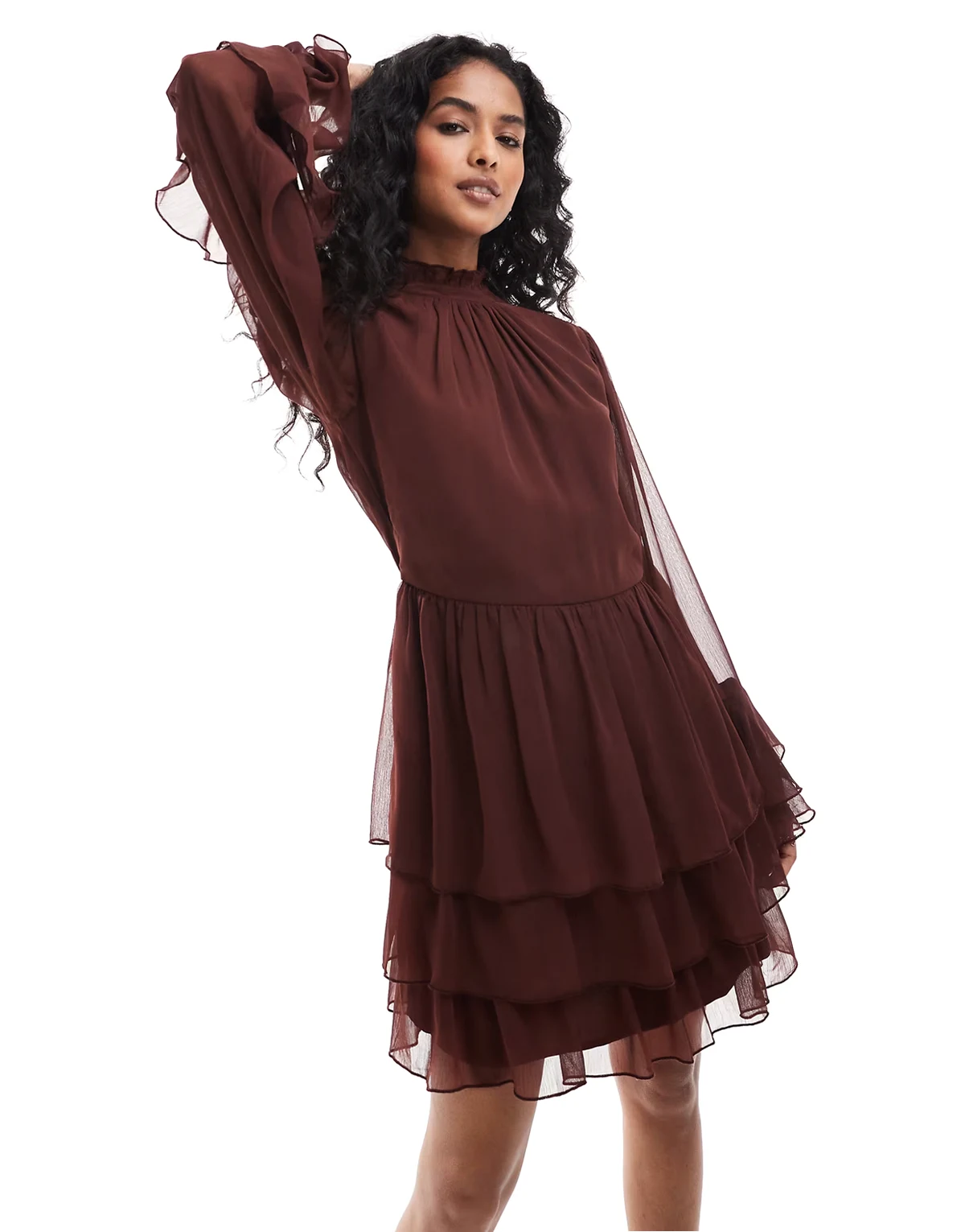 chiffon ruffle mini dress in brown