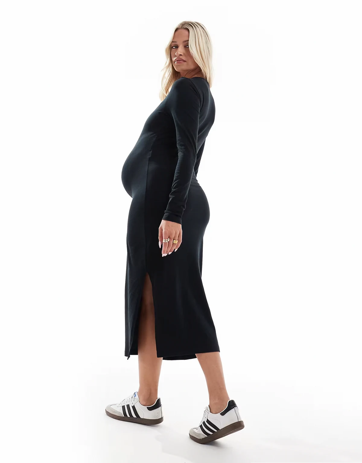 Mamalicious Maternity – Figurbetontes Jersey-Midikleid in Schwarz