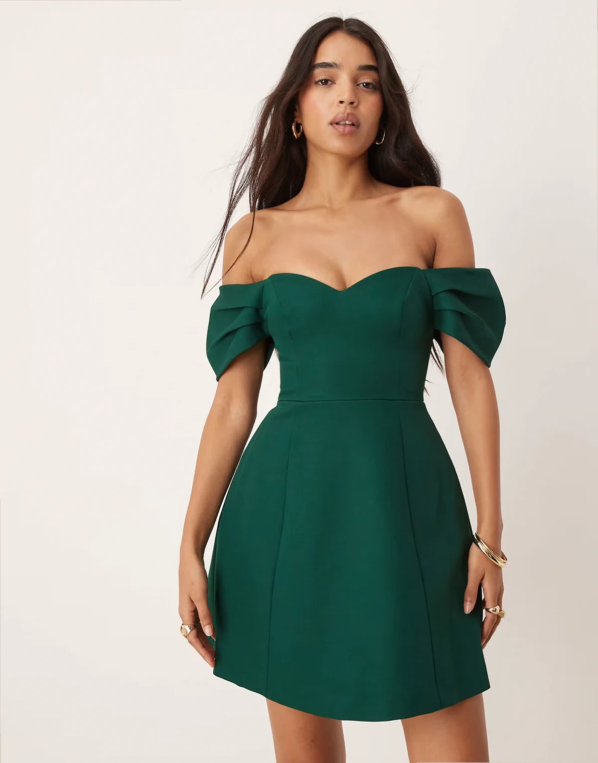 off the shoulder structured mini dress in emerald