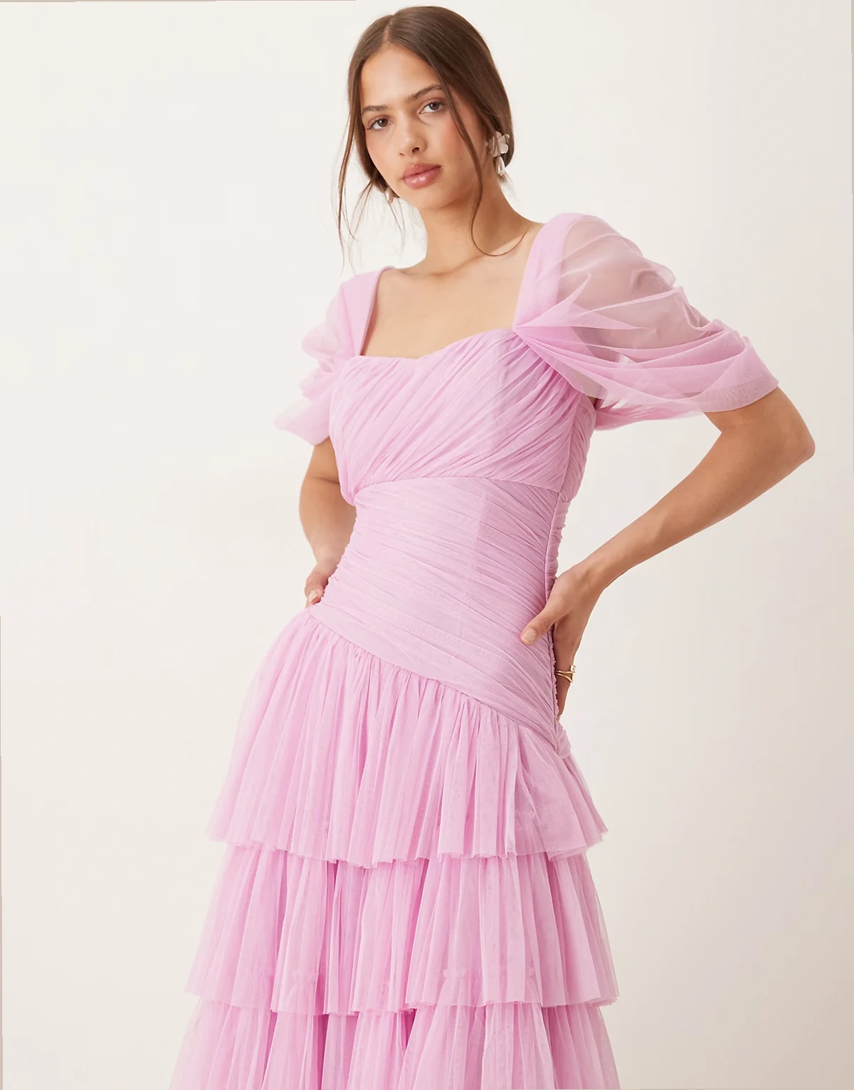 asymmetric ruffle tulle maxi dress in ethereal rose
