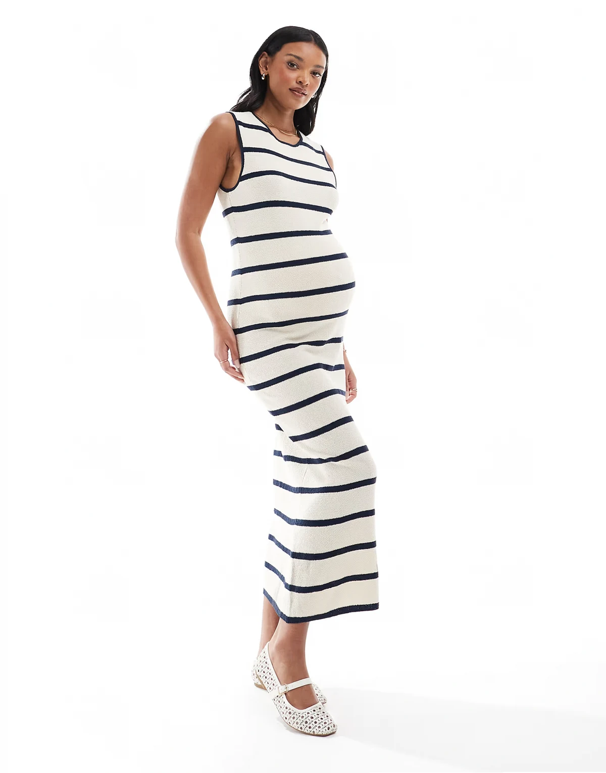 jersey knit ankle dress in cream and navy stripe