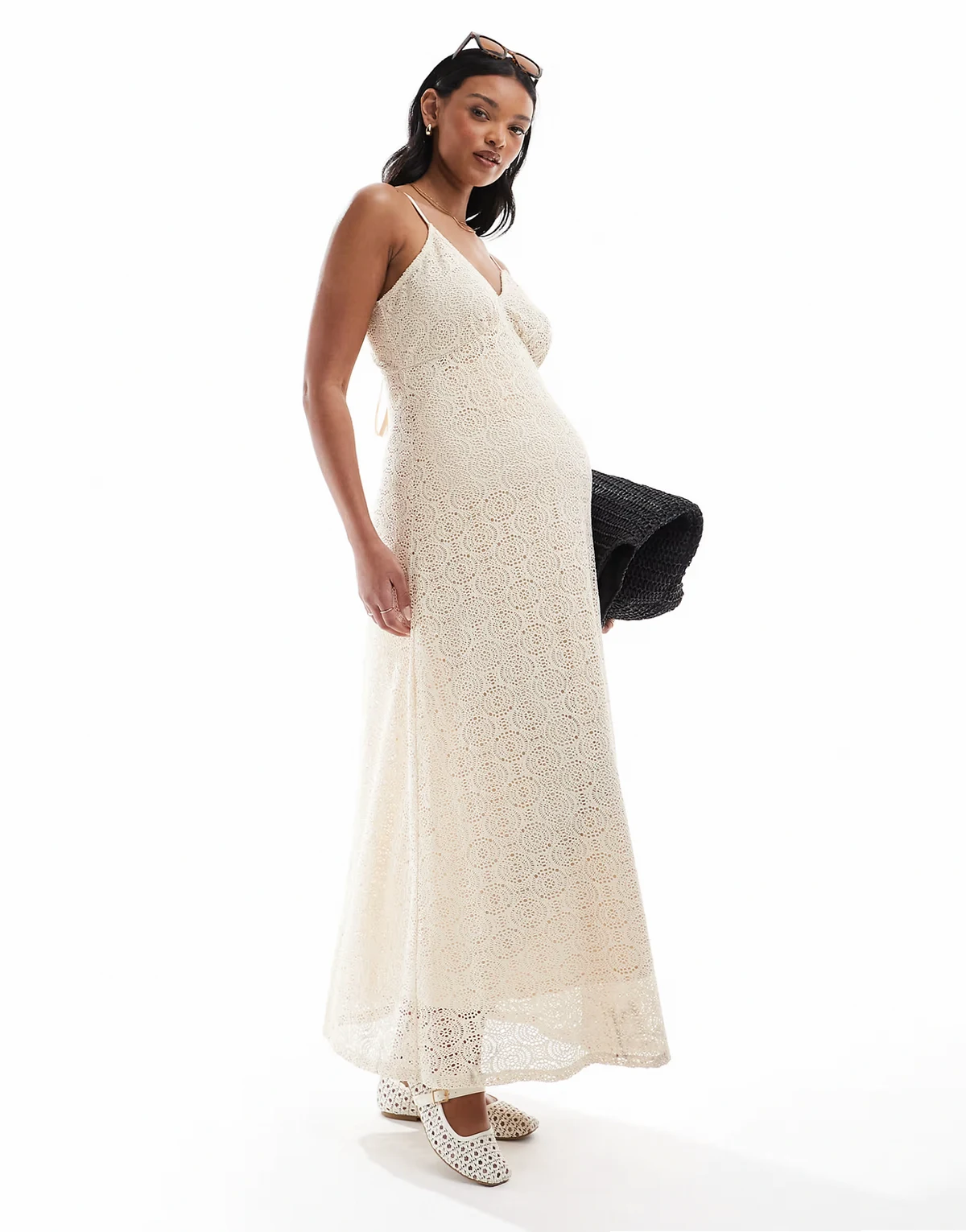 plunge front lace maxi dress in cream