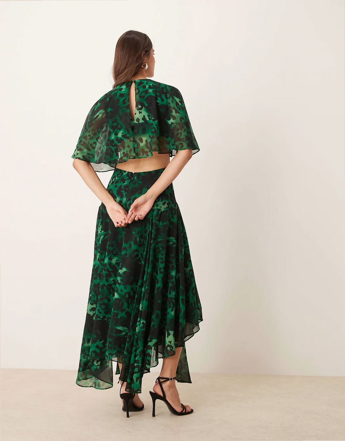 open back ruffle maxi dress in emerald leopard