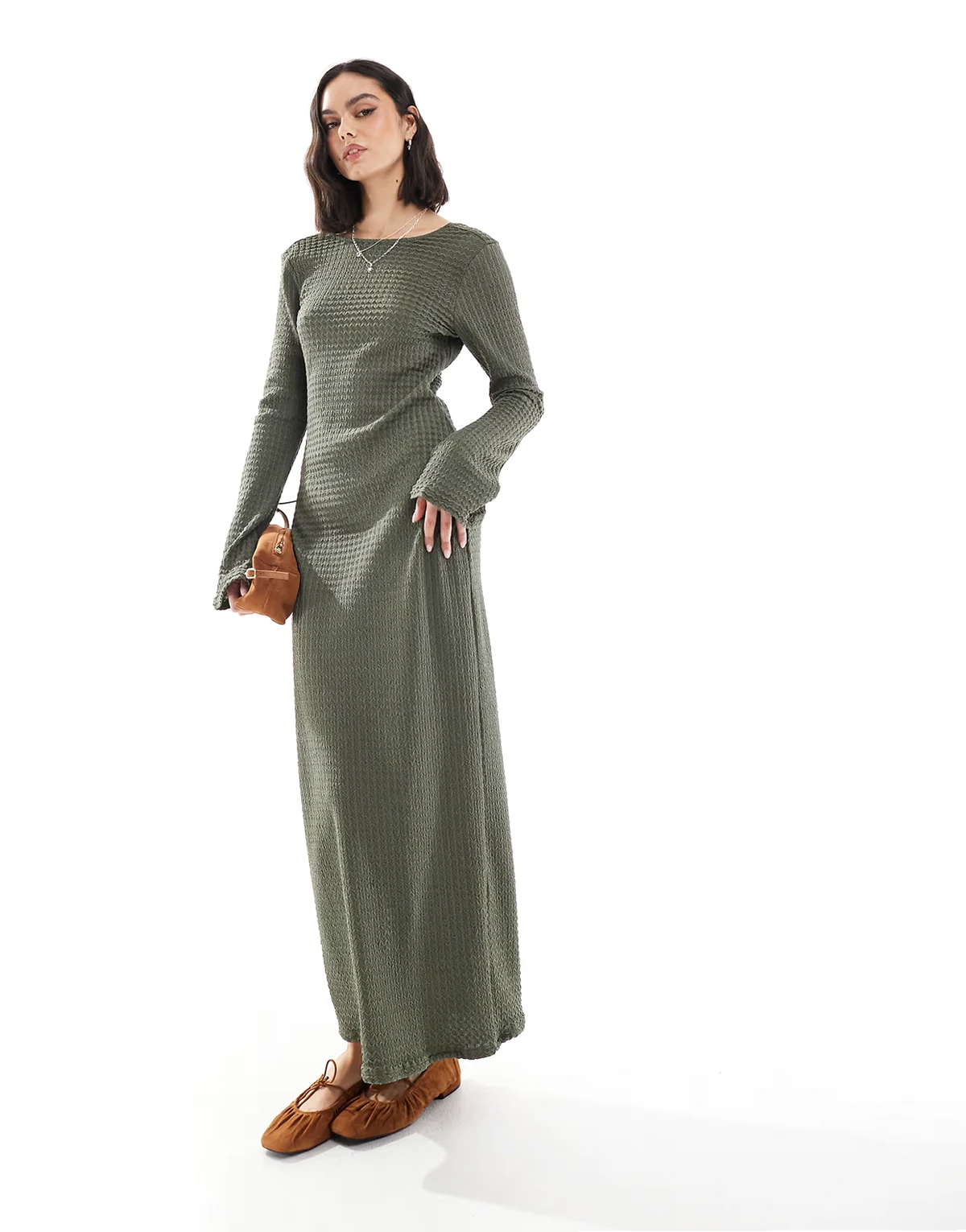 – Langärmliges Maxikleid in Khaki mit Struktur