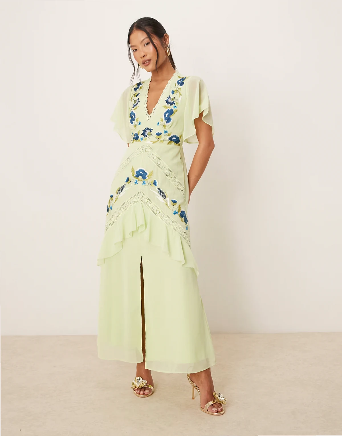 embroidered waterfall sleeve maxi dress with lace trim in mint
