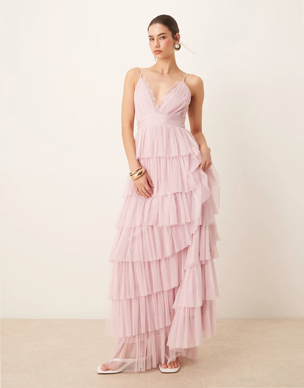 lace trim cami tulle tiered maxi dress in powder pink