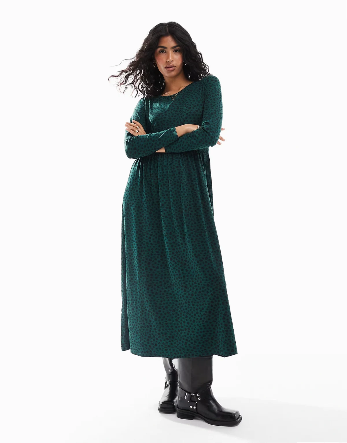 long sleeve smudge spot midi dress in forest green