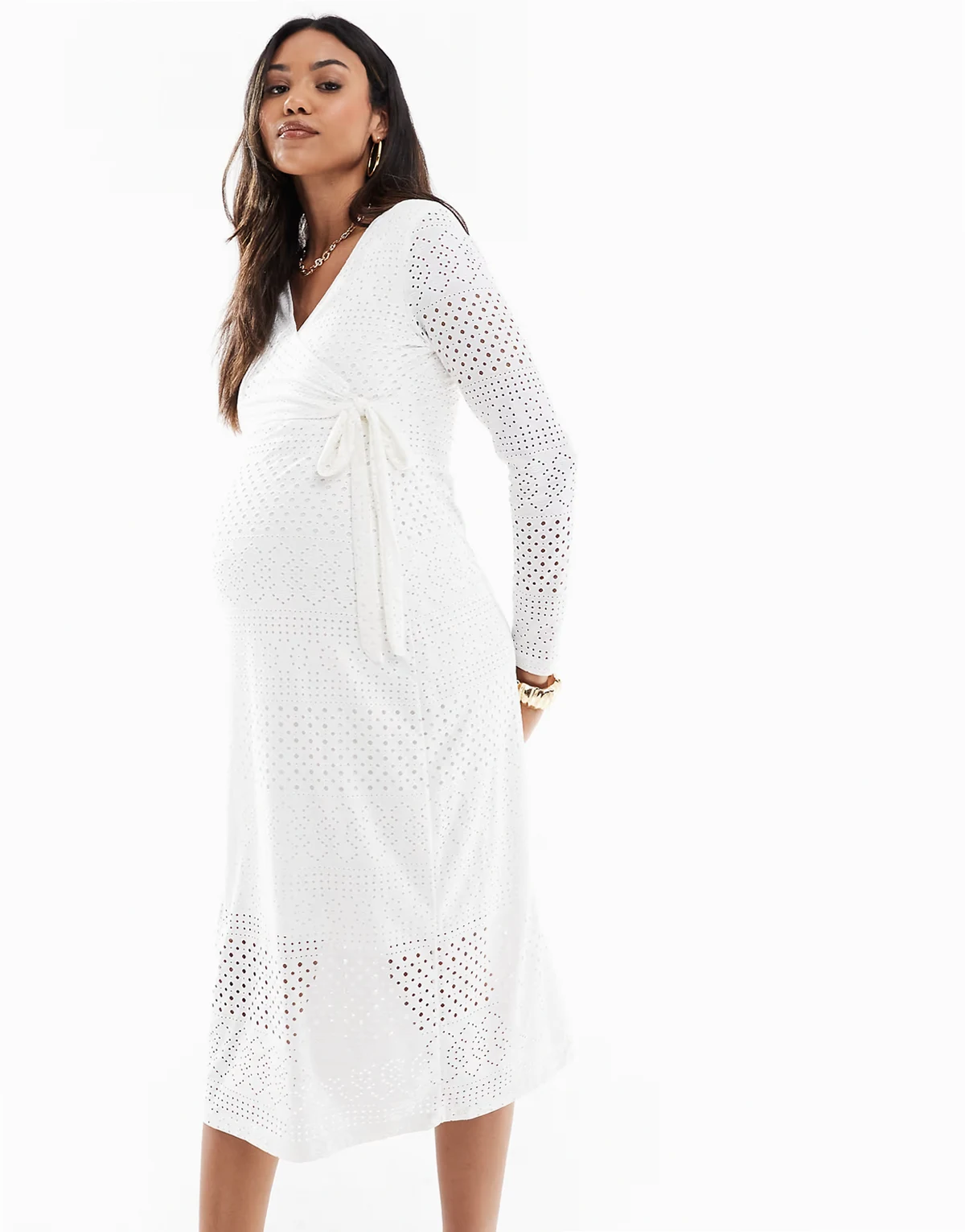 Mamalicious Maternity jersey eyelet wrap midi dress in white