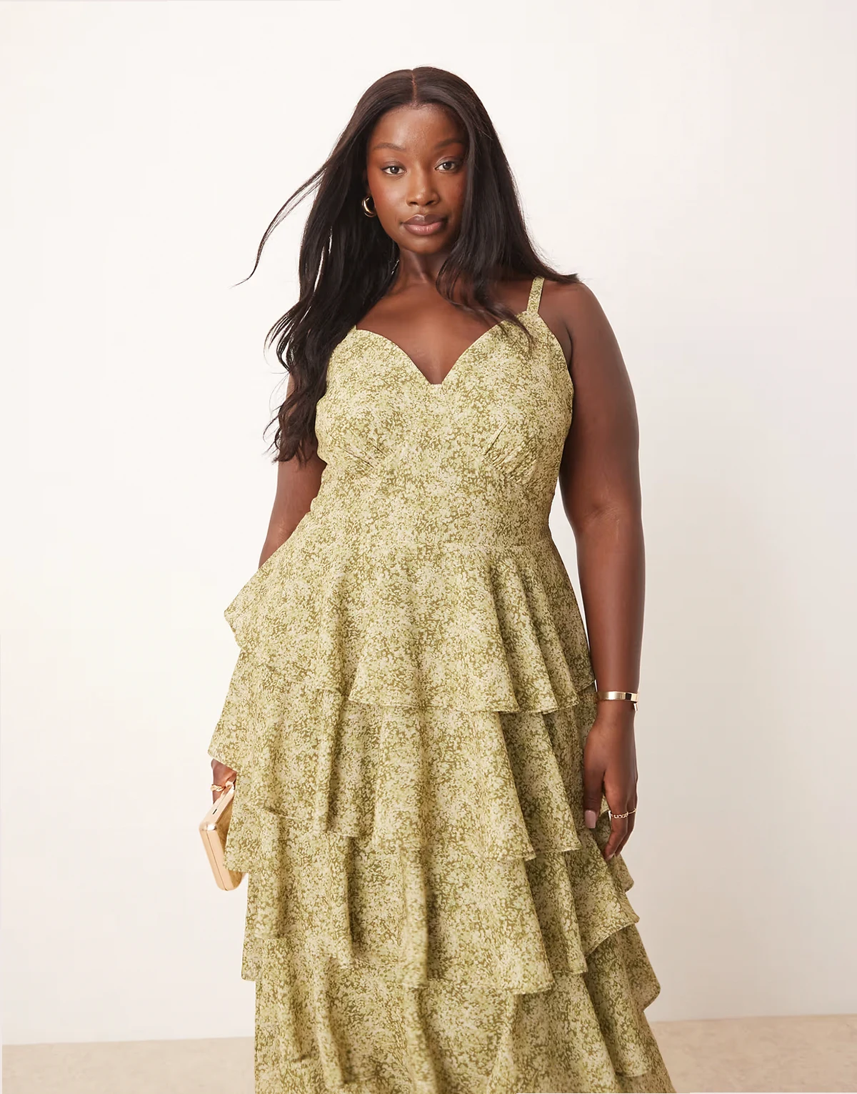tie back ruffle midaxi dress in olive floral