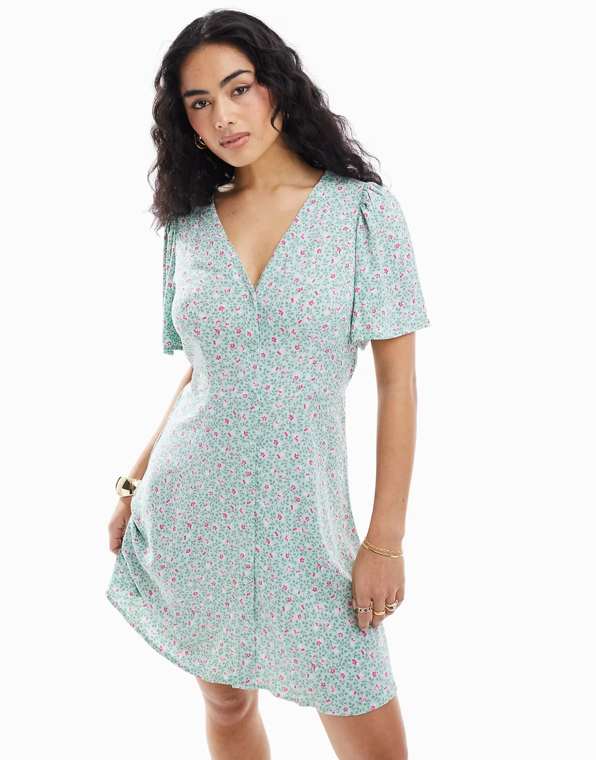– Kurzes, durchgeknöpftes Skater-Kleid in Minzgrün mit Blumenmuster