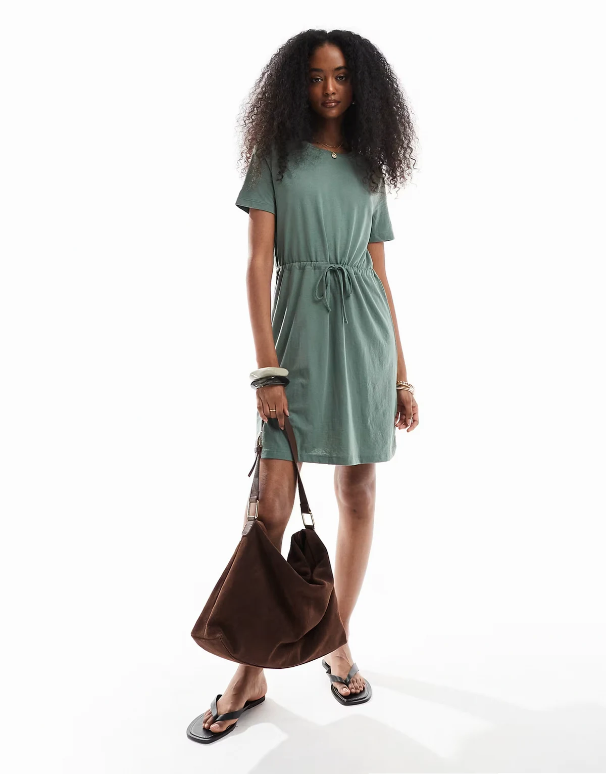 – Minikleid aus Jersey in Khaki mit Bindegürtel