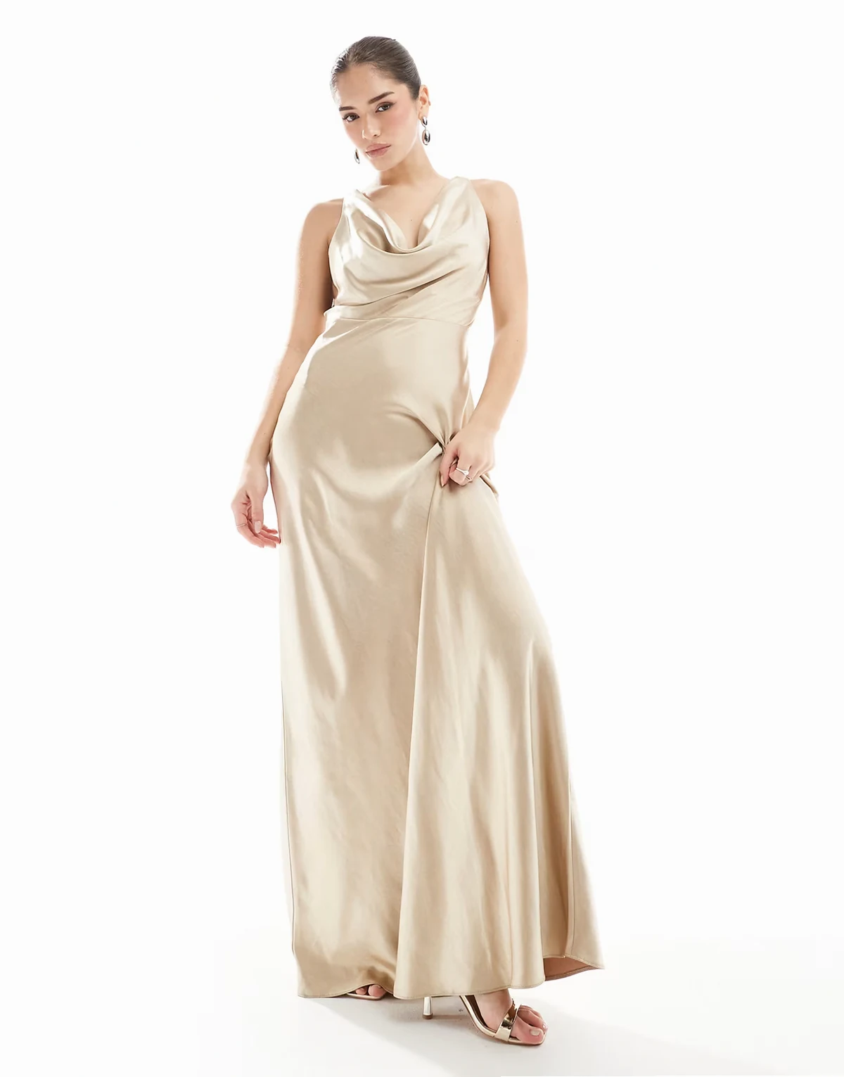 Bridesmaid cowl front satin maxi dress in gold