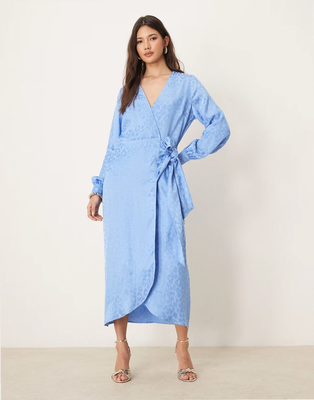 satin embossed wrap midaxi dress in powder blue