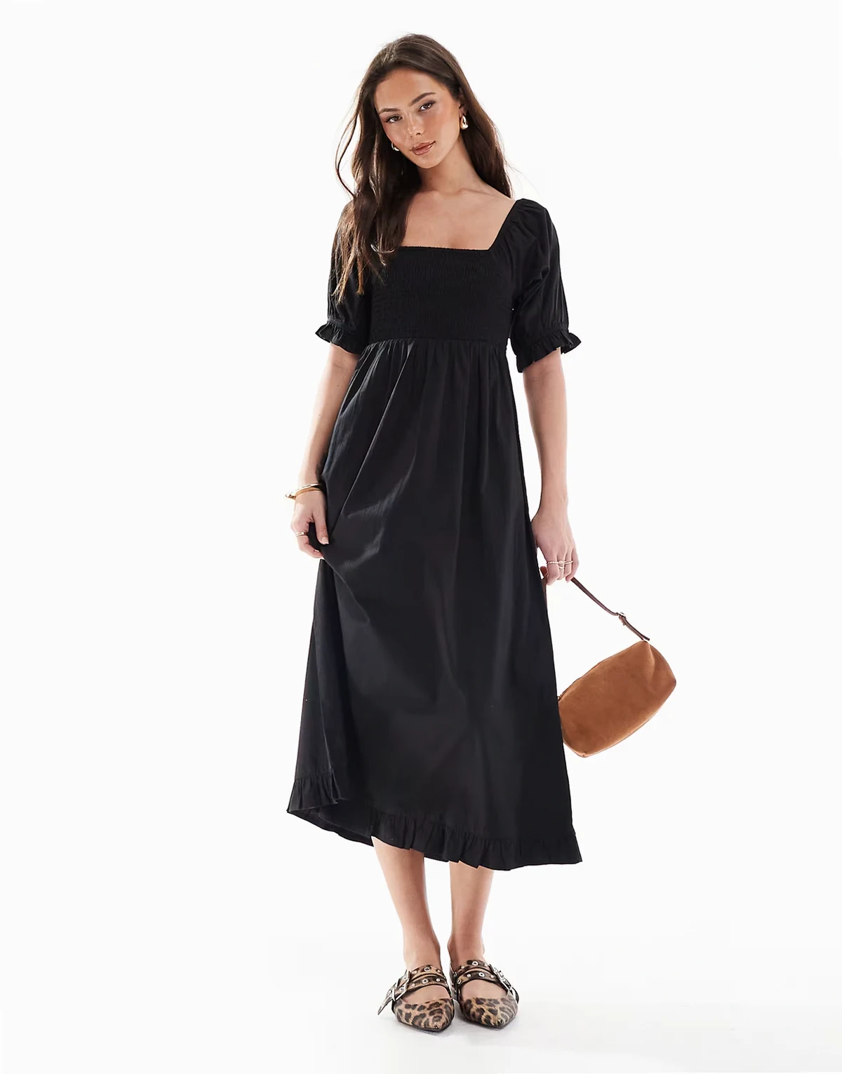 shirred detail midaxi smock dress in black