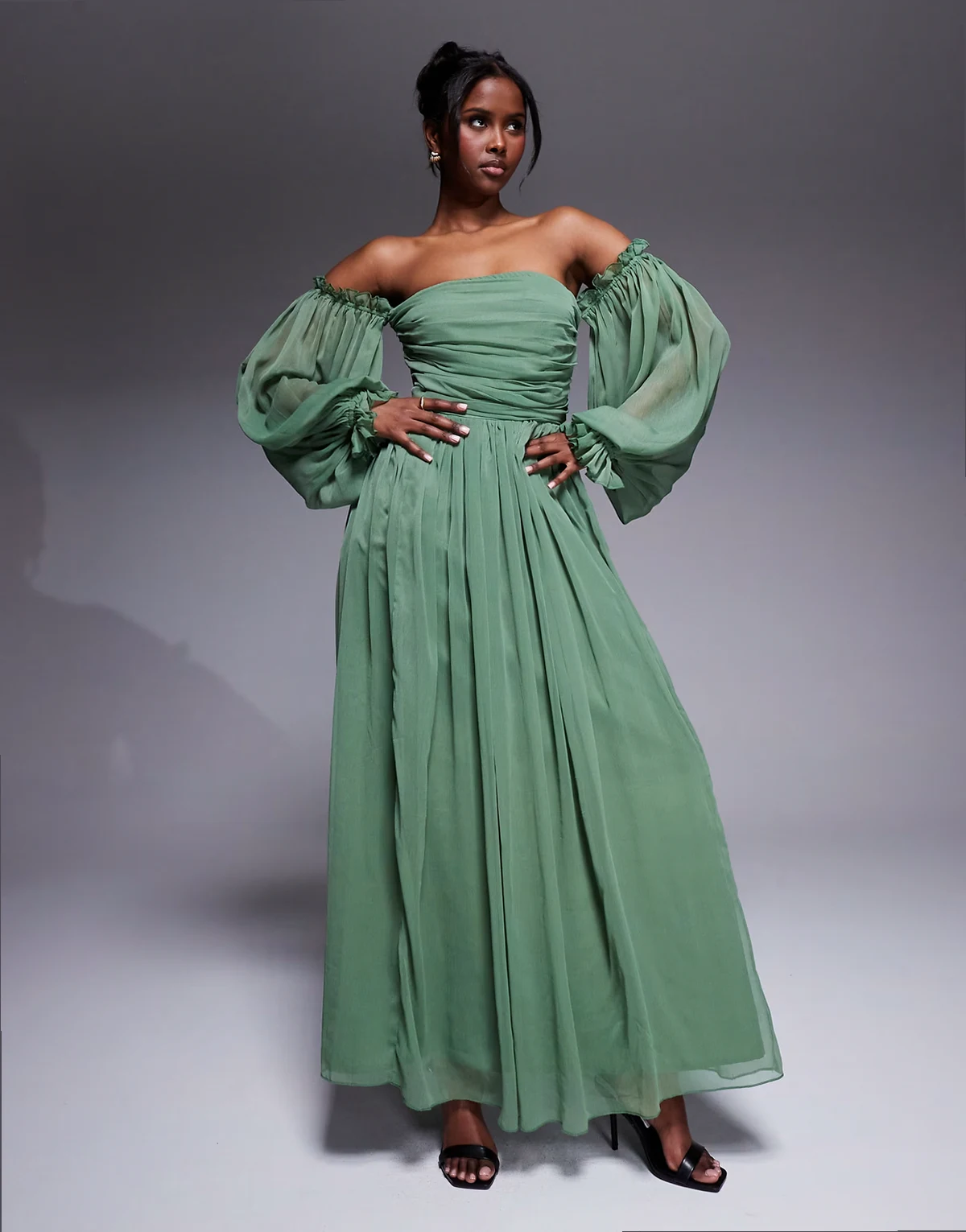 off shoulder balloon sleeve maxi dress in olive