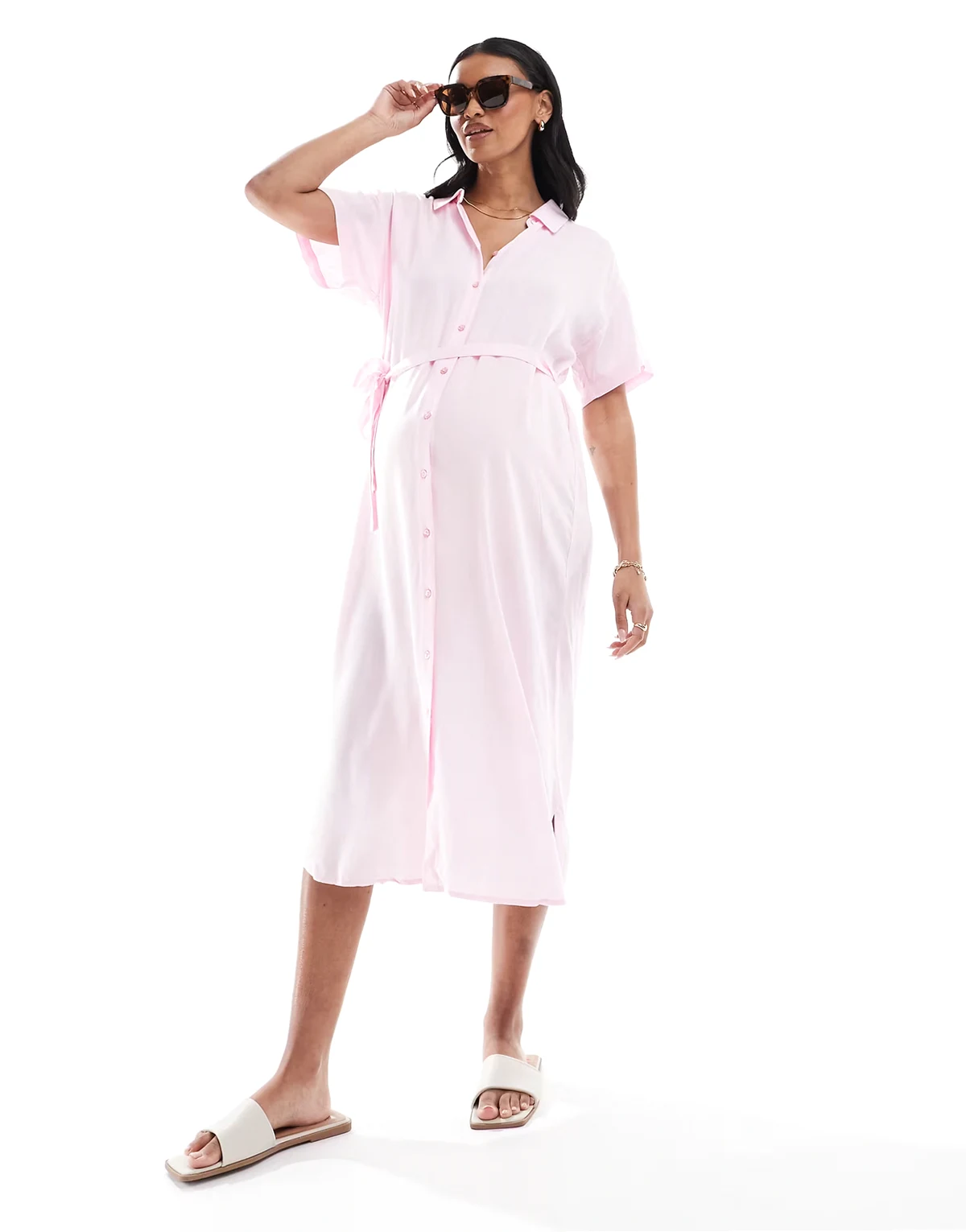 – Midi-Hemdblusenkleid in Rosa mit Bindegürtel, Umstandsmode