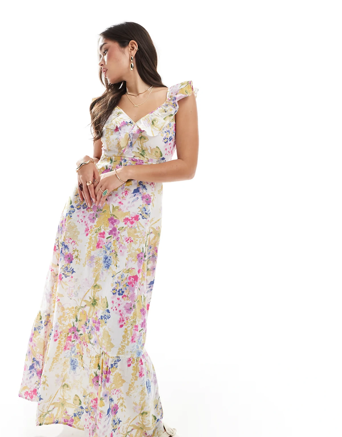 – Maxikleid mit buntem Blumenmuster und gerafftem Detail