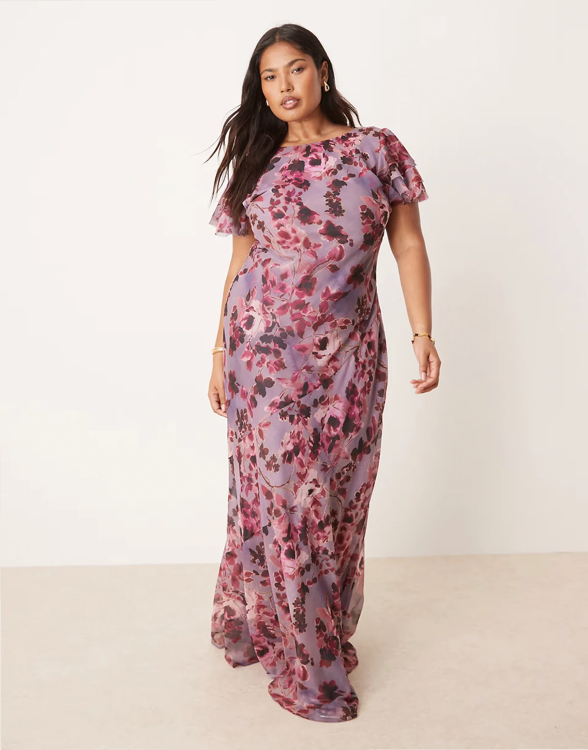 ASOS DESIGN Curve – Sukienka maxi z falbanką na rękawach i zabudowanym dekoltem w kwiatowy wzór w stylu vintage